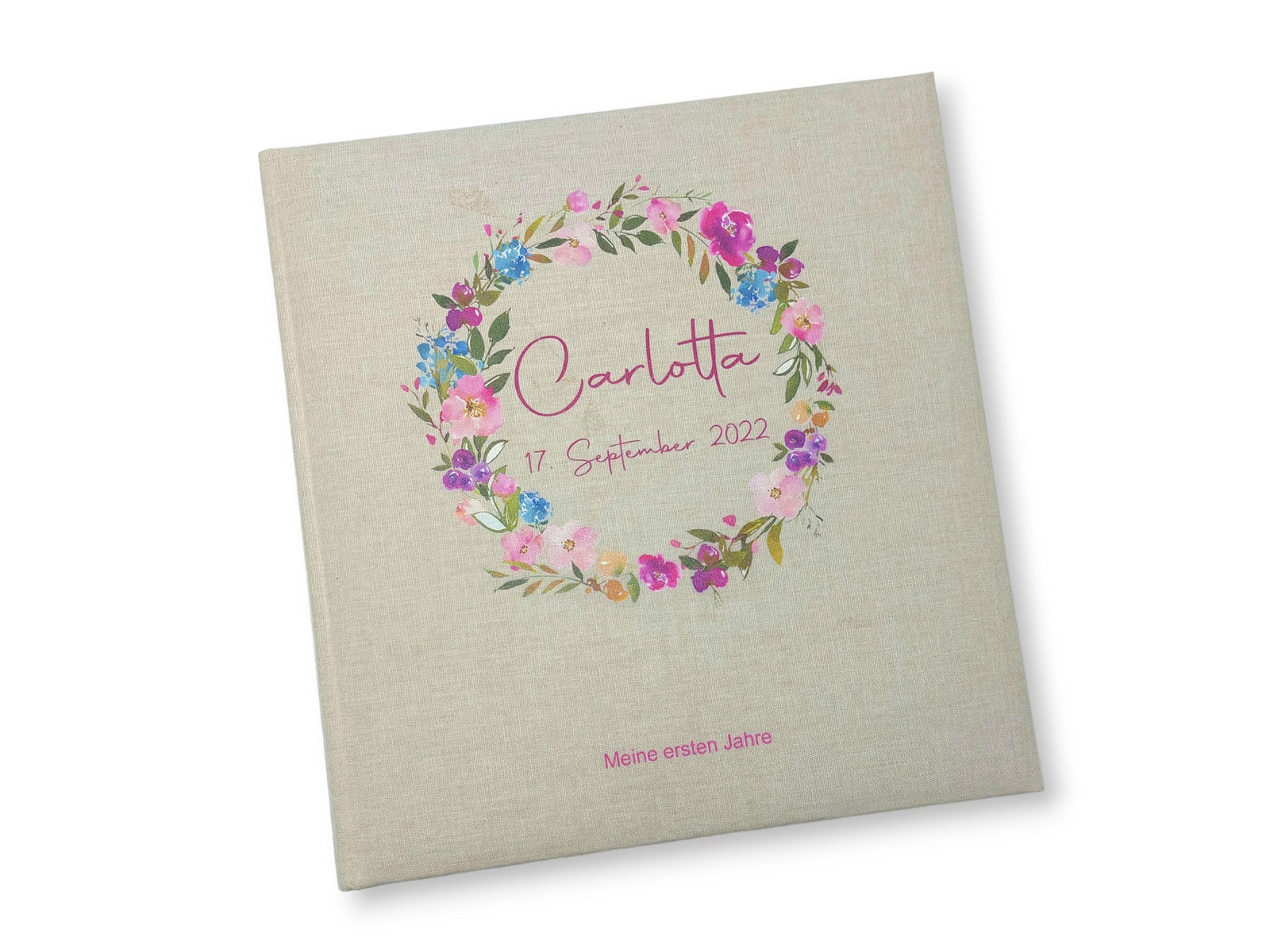 Fotoalbum personalisiert Baby, "Blumenkranz" Leinen, Erinnerungsalbum