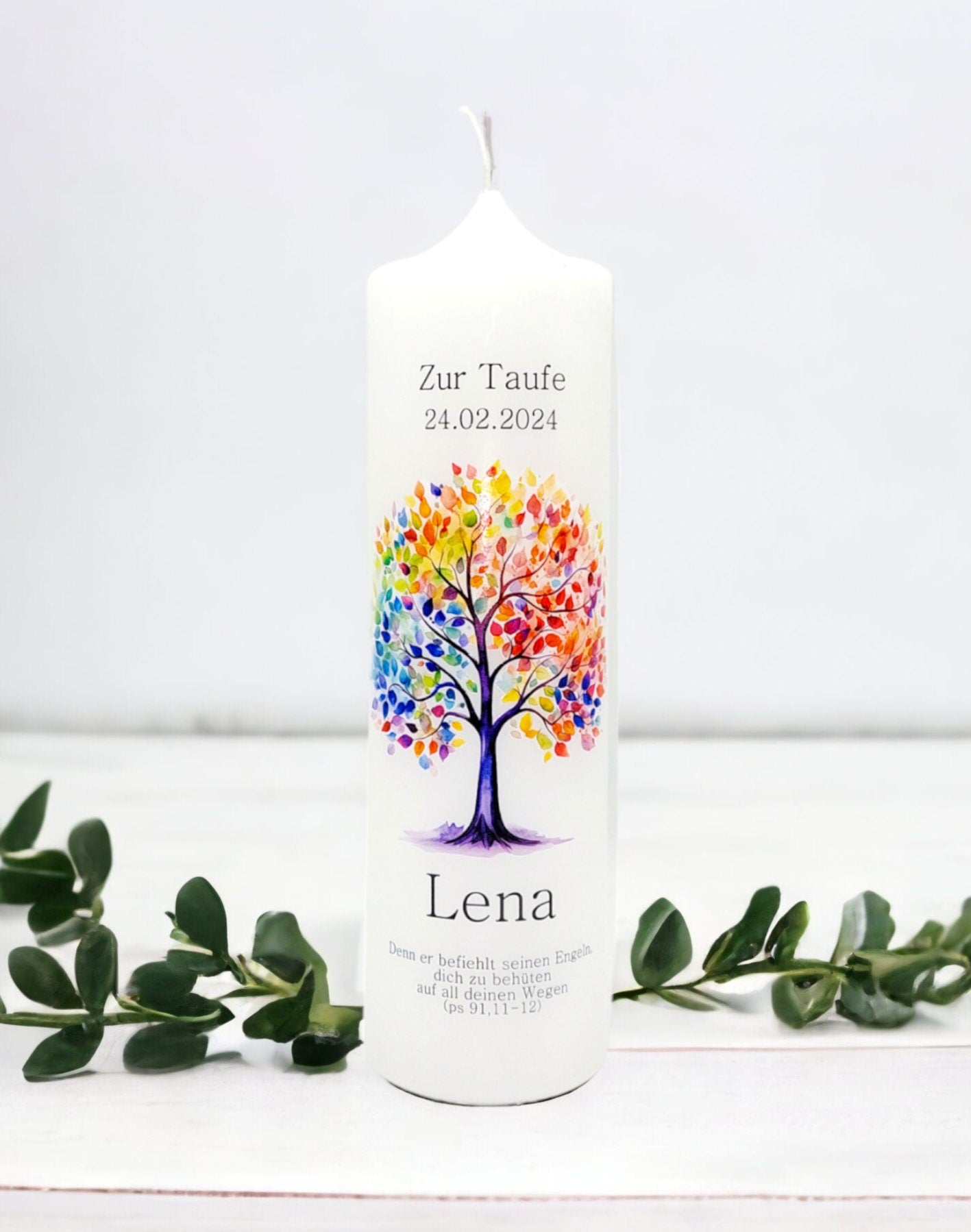 Taufkerze personalisiert mit Namen Datum und Taufspruch "Baum bunt", Junge/ Mädchen
