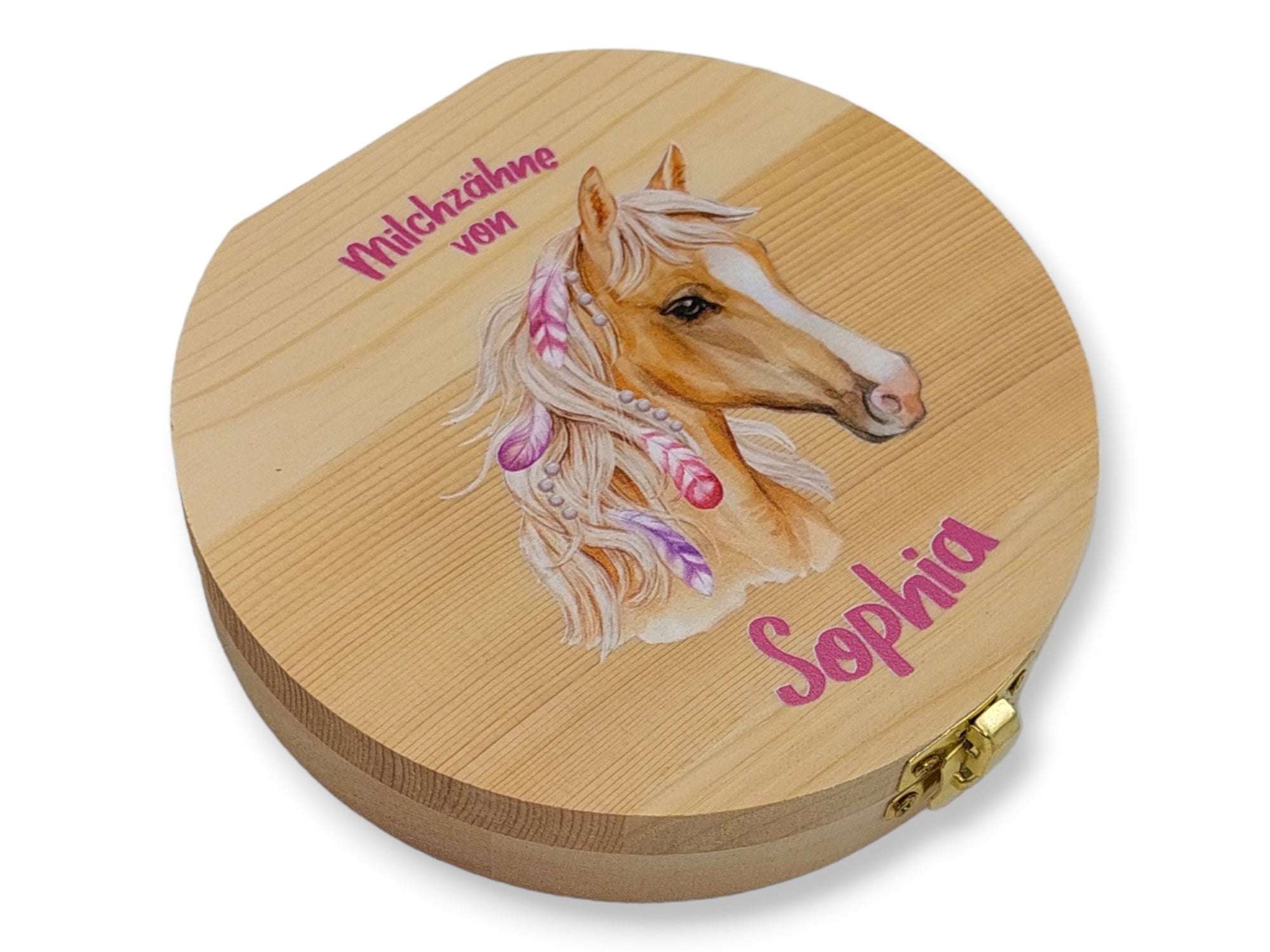 Milchzahndose personalisiert "Pferd Federn" / Milchzahnbox aus Holz