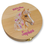 Milchzahndose personalisiert "Pferd Federn" / Milchzahnbox aus Holz