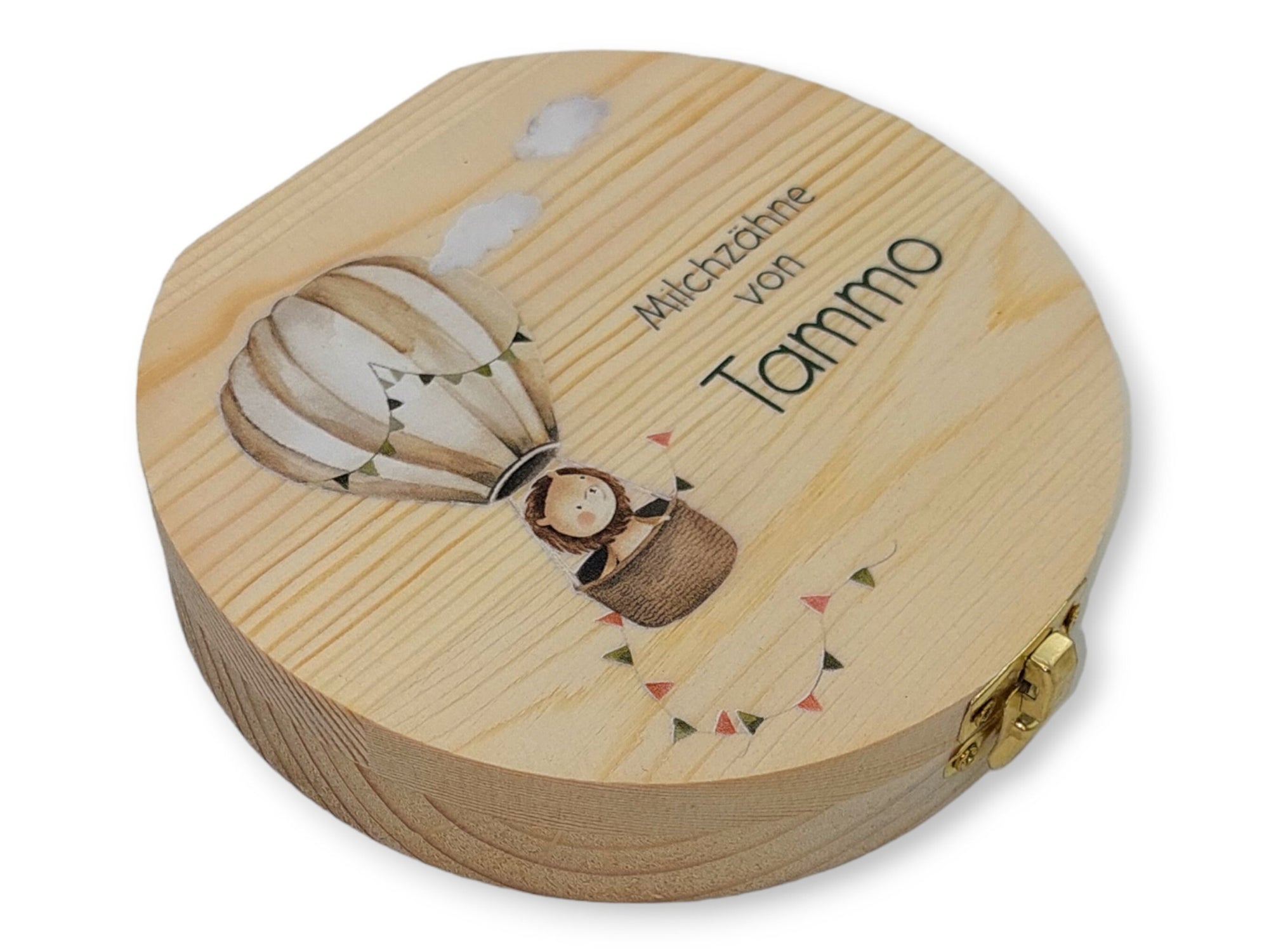 Milchzahndose personalisiert "Heißluftballon Löwe" / Milchzahnbox aus Holz