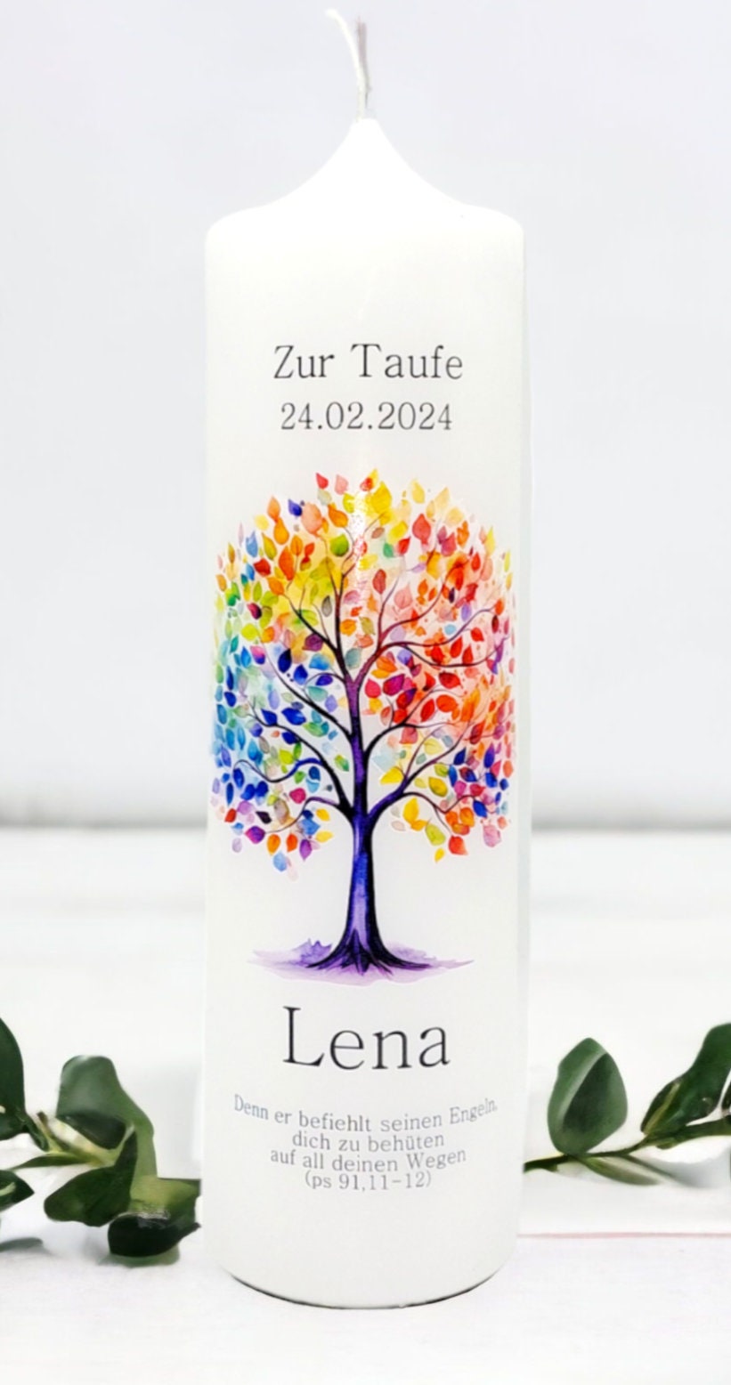 Taufkerze personalisiert mit Namen Datum und Taufspruch "Baum bunt", Junge/ Mädchen
