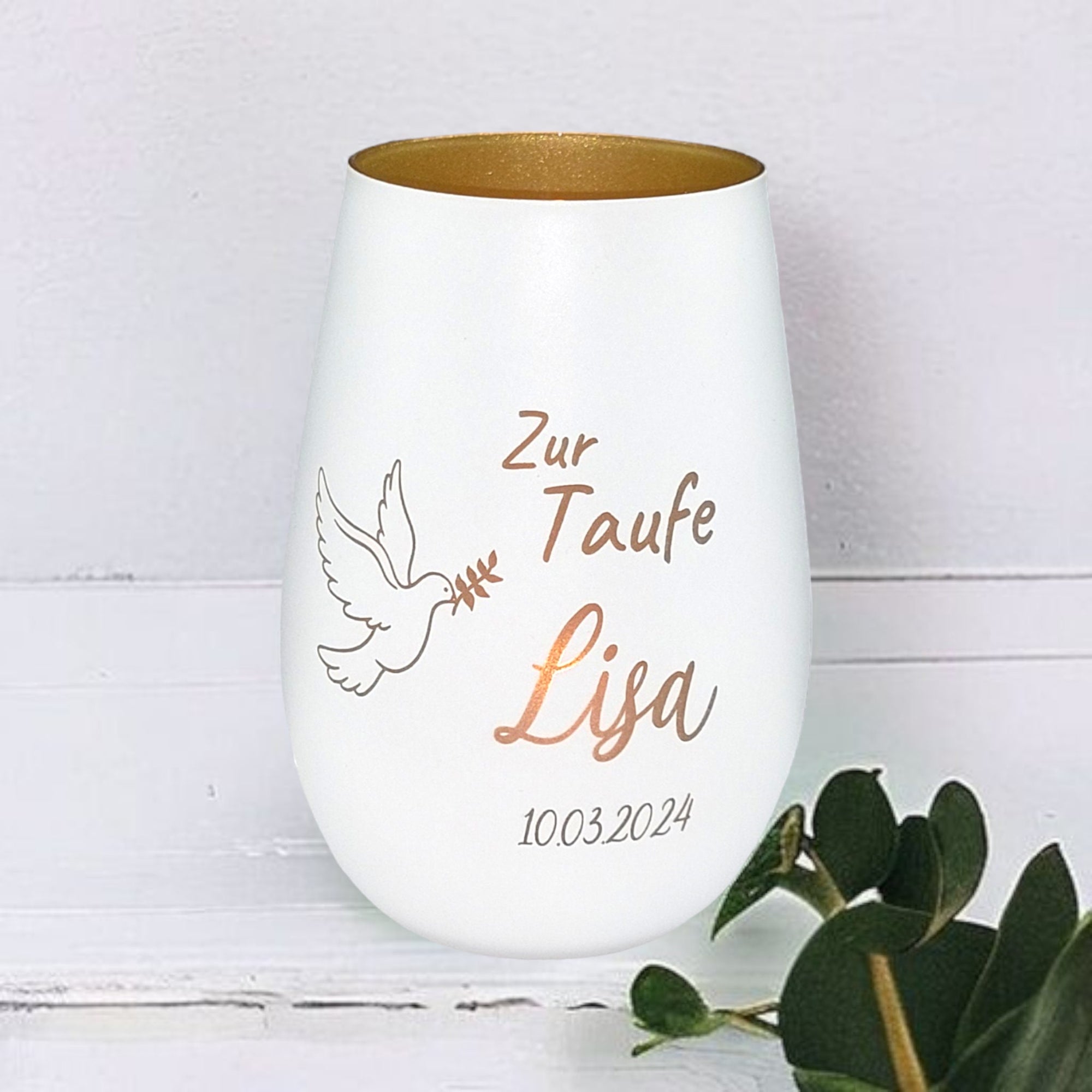Windlicht personalisiert zur Taufe "Taube" Teelichthalter