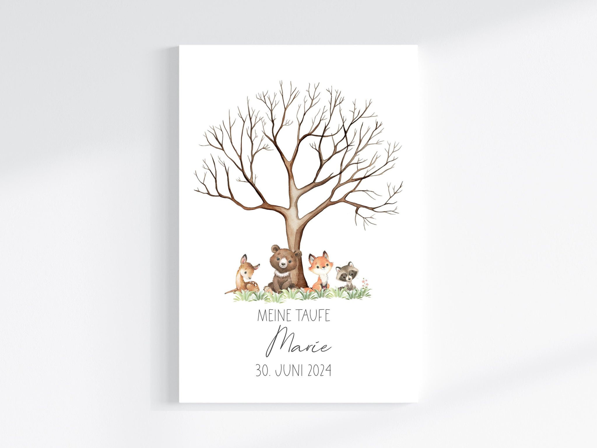 Fingerabdruck Gästebuch auf Keilrahmen personalisiert "Baum Waldtiere" Leinwand