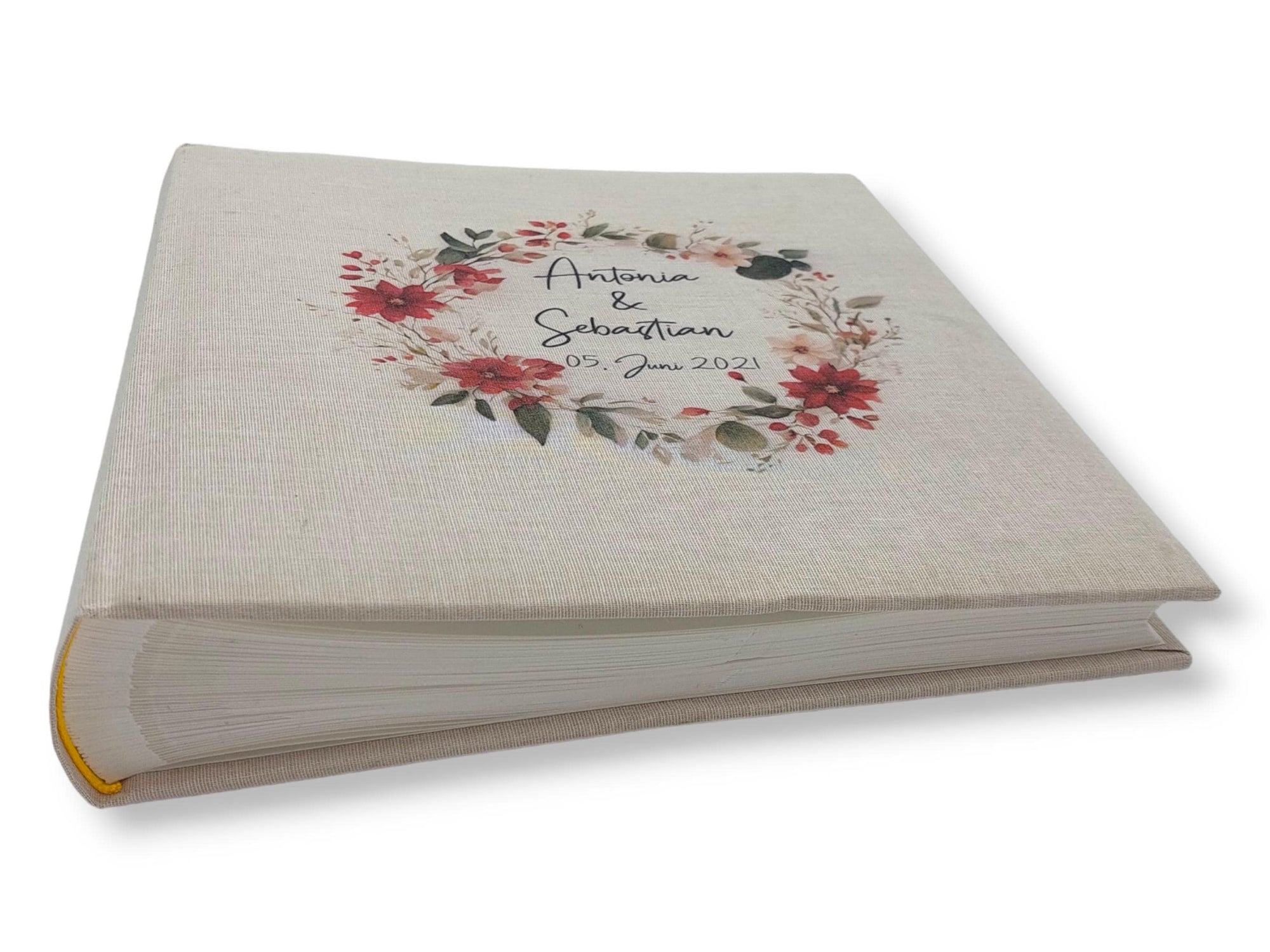 Fotoalbum personalisiert Hochzeit "Blumenkranz rot" Leinen, Erinnerungsalbum