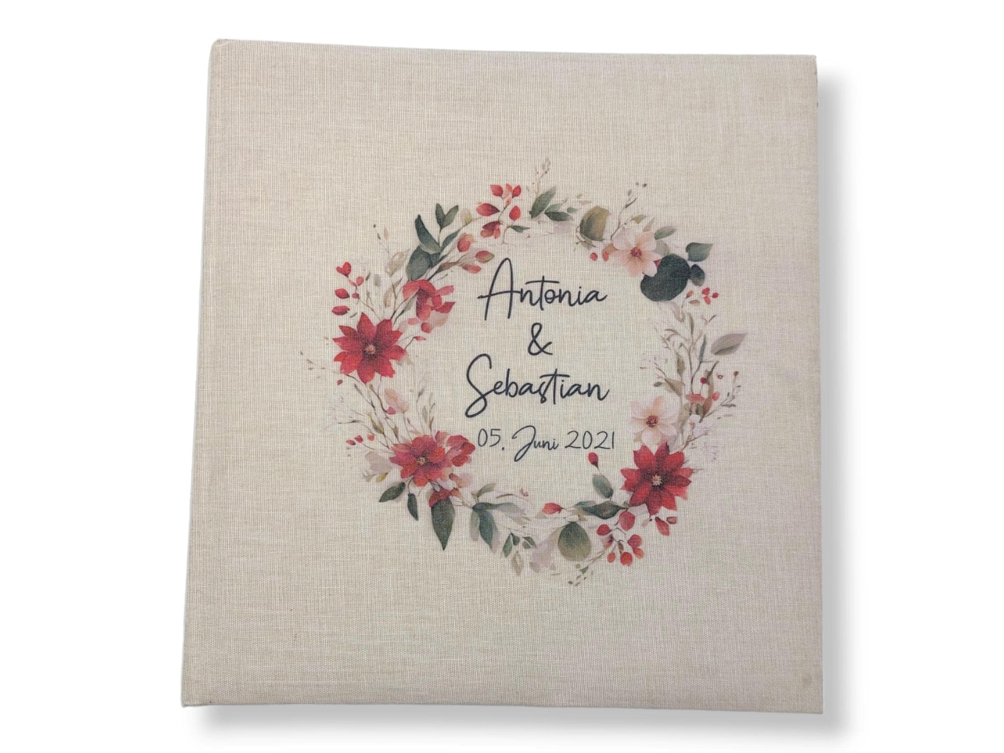 Fotoalbum personalisiert Hochzeit "Blumenkranz rot" Leinen, Erinnerungsalbum