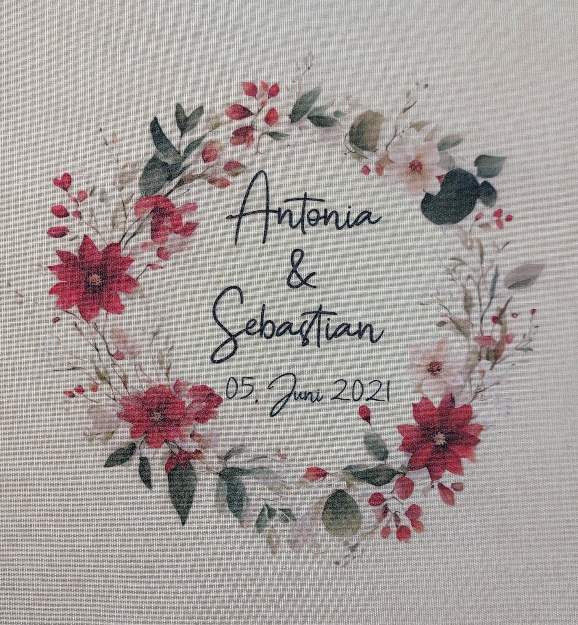Fotoalbum personalisiert Hochzeit "Blumenkranz rot" Leinen, Erinnerungsalbum