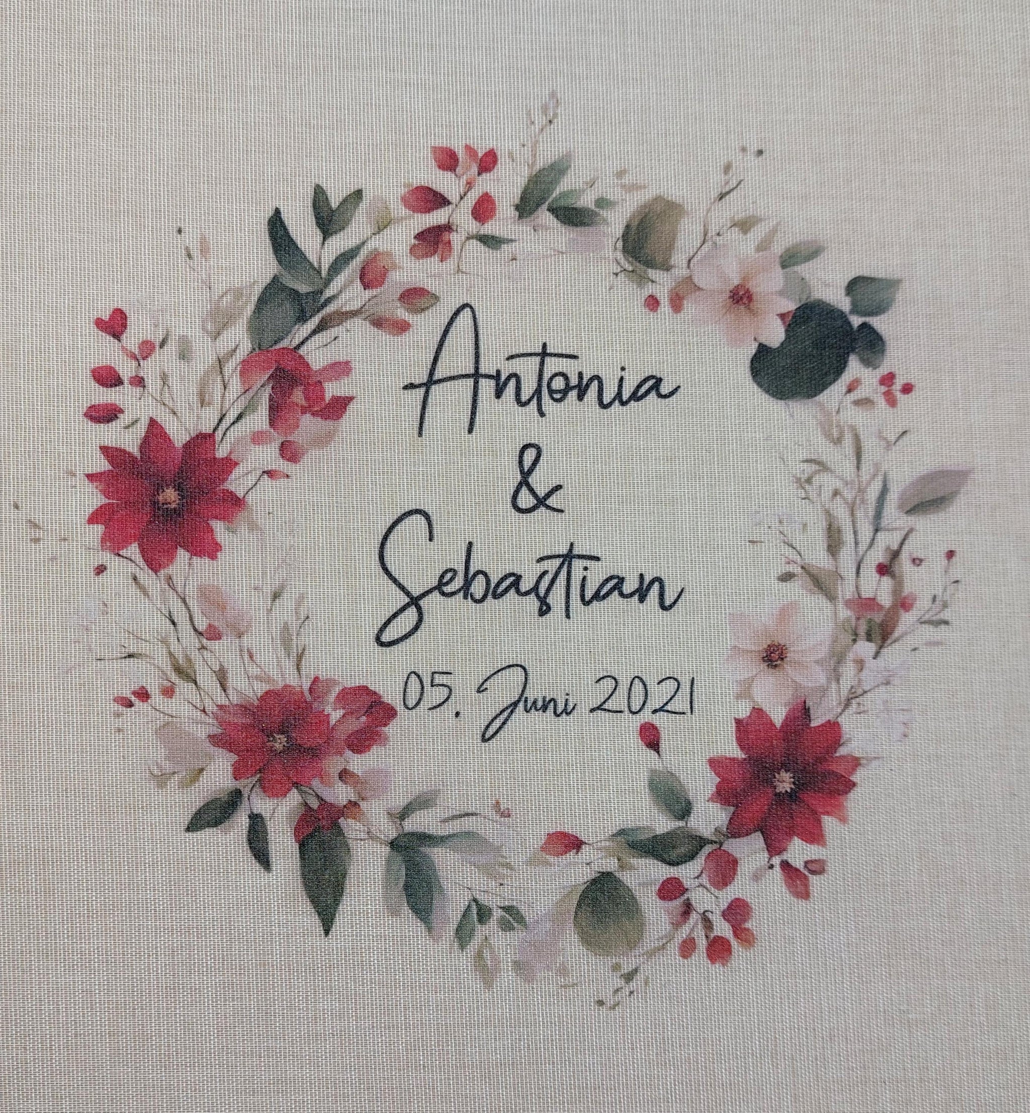 Fotoalbum personalisiert Hochzeit "Blumenkranz rot" Leinen, Erinnerungsalbum