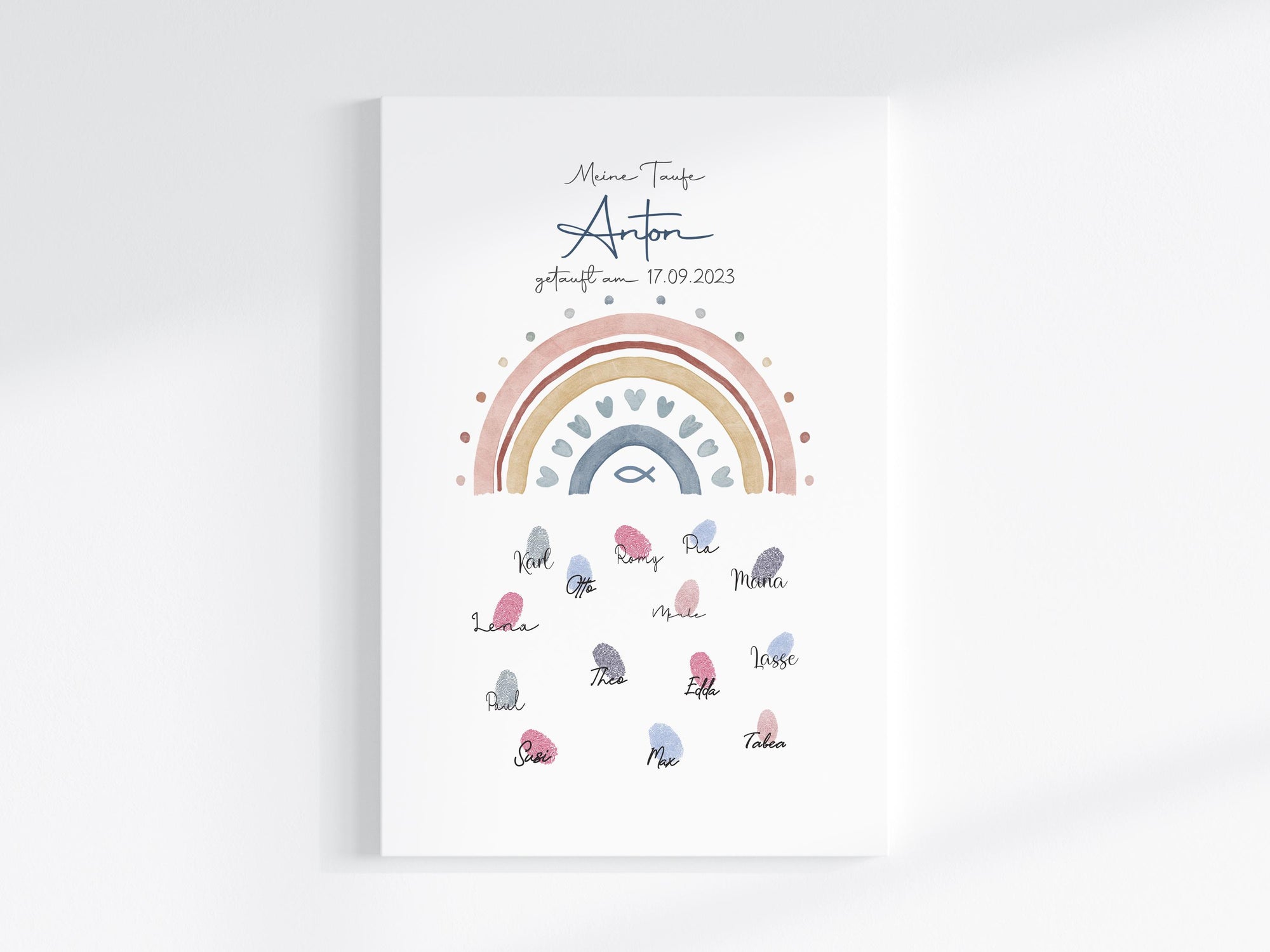 Fingerabdruck Gästebuch auf Keilrahmen personalisiert "Regenbogen Herzen Fisch blau" Leinwand