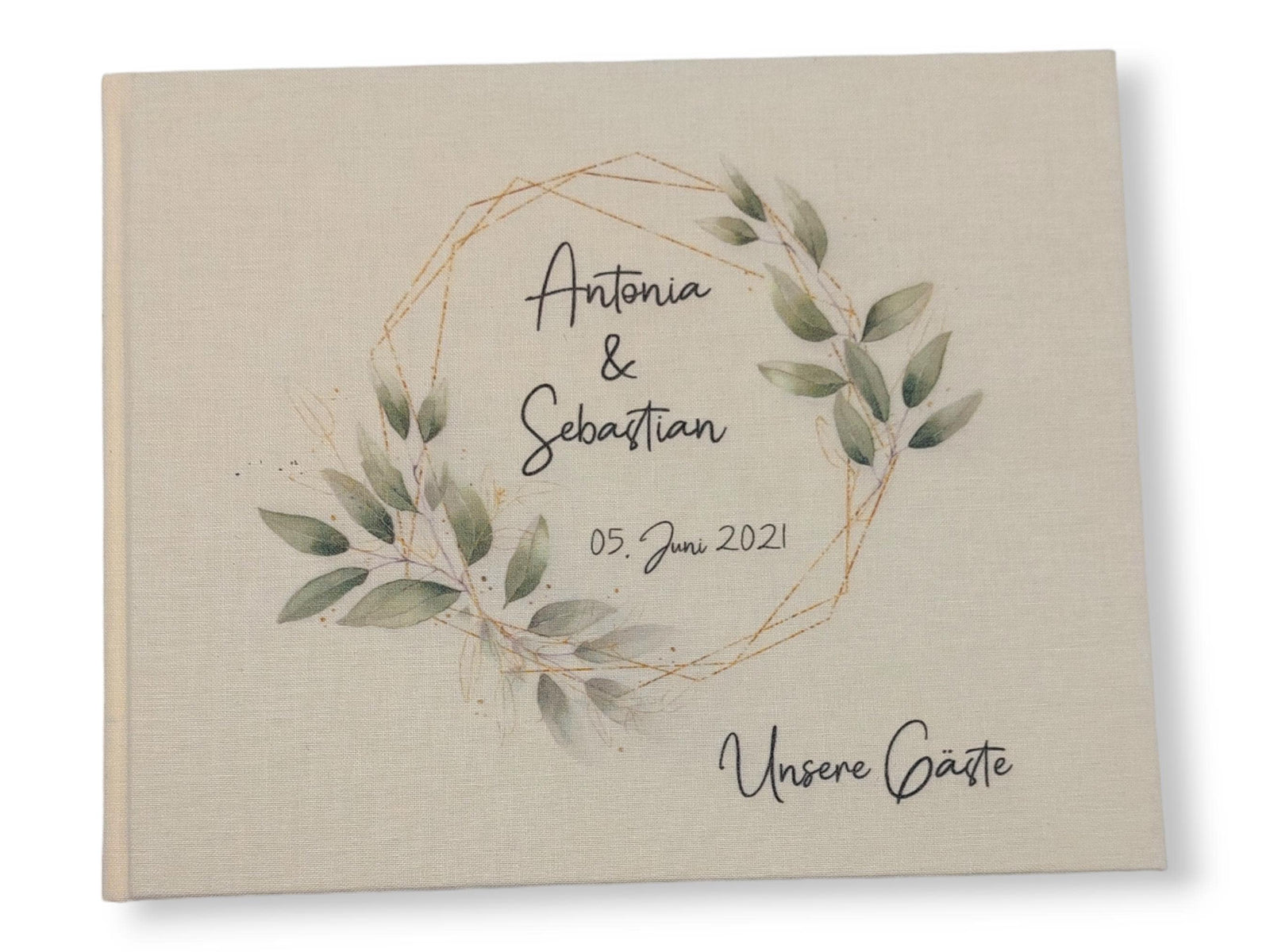 Gästebuch Hochzeit personalisiert "Blätterkranz Rahmen", Hochzeitsgeschenk, Gästebuch bedruckt, Gästebuch floral, Trauzeugen