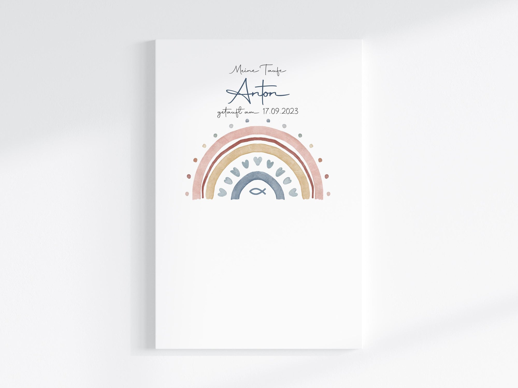 Fingerabdruck Gästebuch auf Keilrahmen personalisiert "Regenbogen Herzen Fisch blau" Leinwand