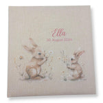 Fotoalbum personalisiert Baby, Kind "Hasen Blumen" Leinen, Erinnerungsalbum