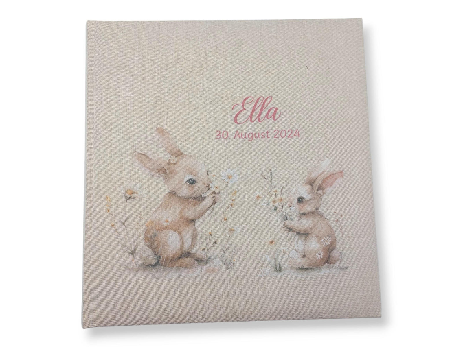 Fotoalbum personalisiert Baby, Kind "Hasen Blumen" Leinen, Erinnerungsalbum