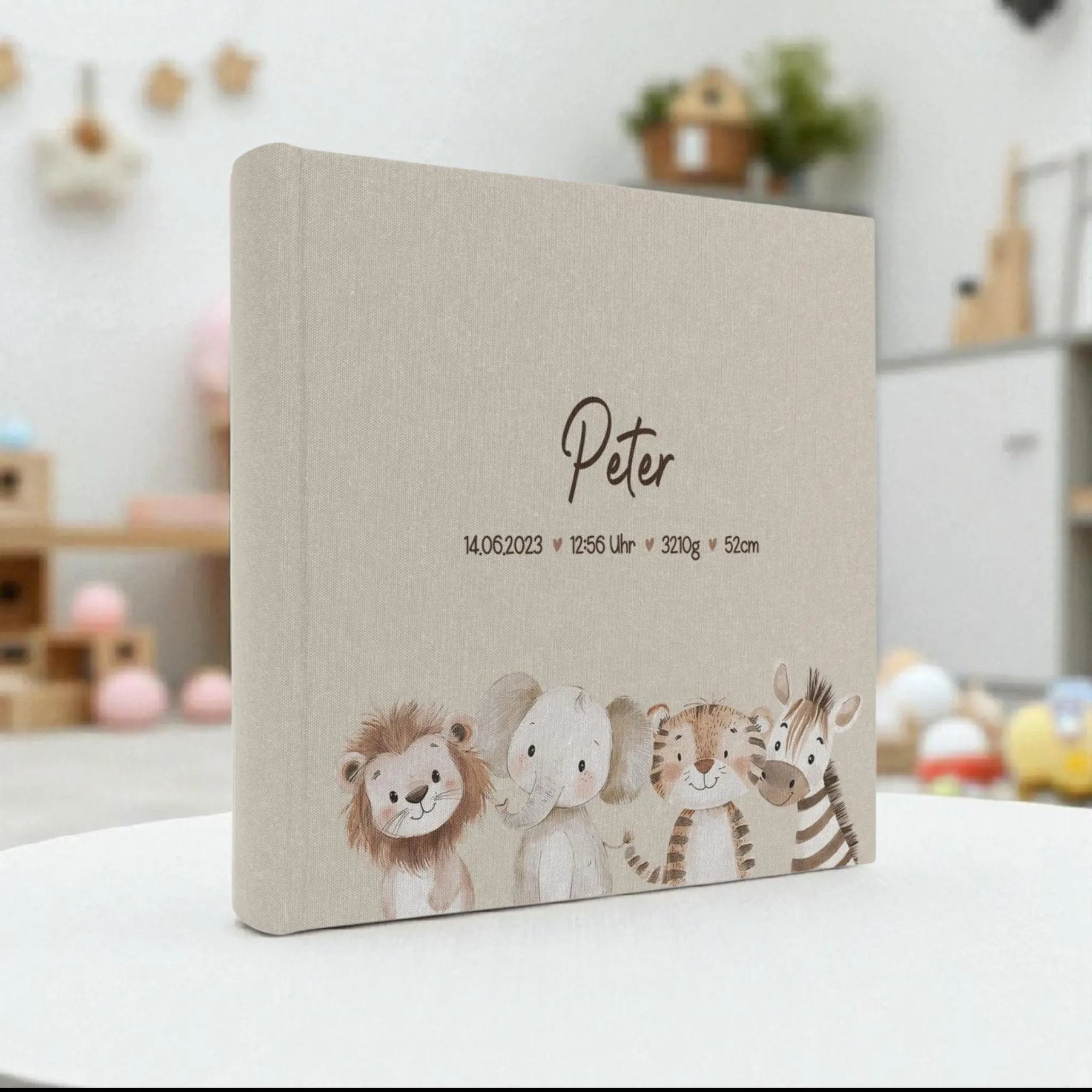 Fotoalbum personalisiert Baby, Kind "Safari Tiere" Leinen
