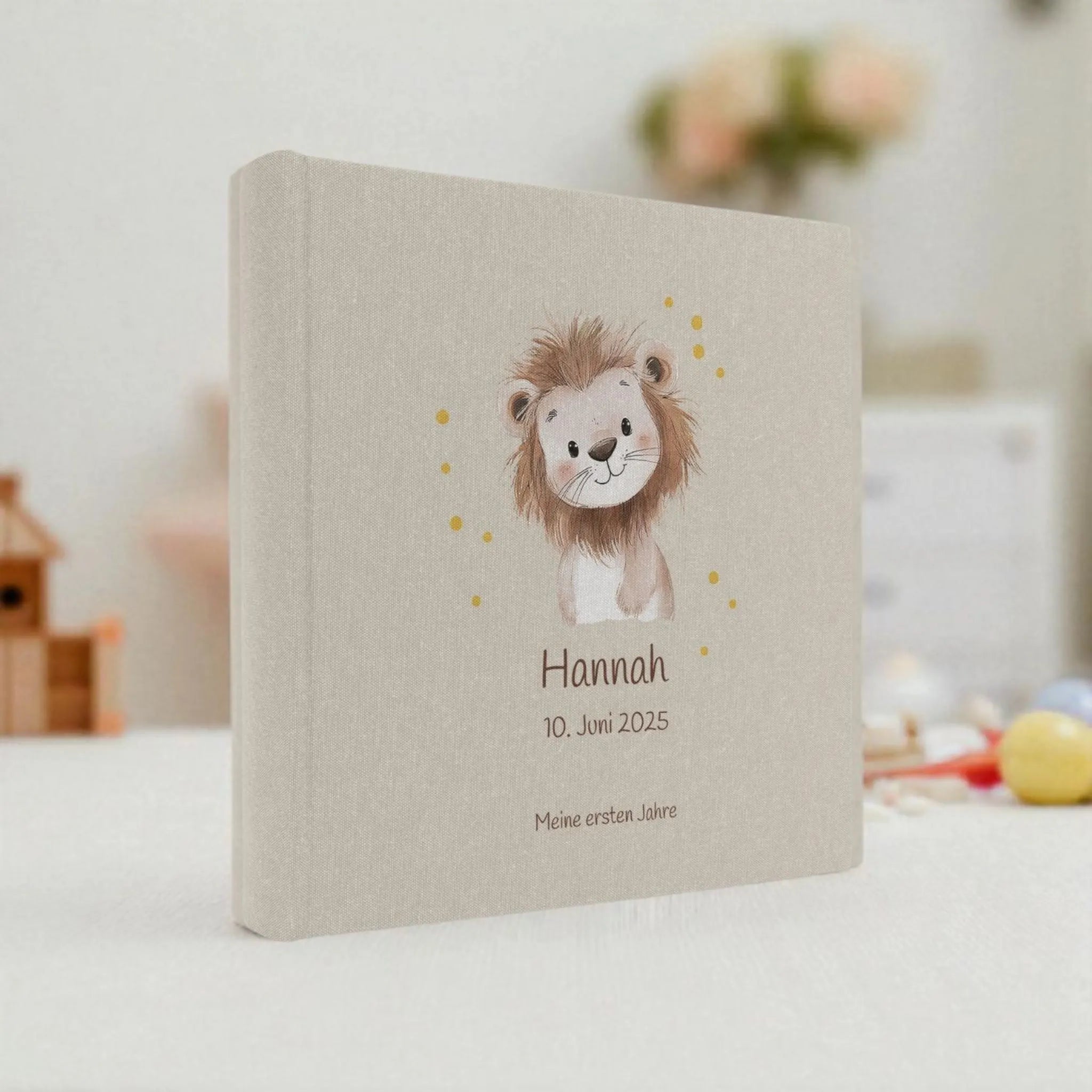 Fotoalbum personalisiert Baby, Kind "Löwe" Leinen