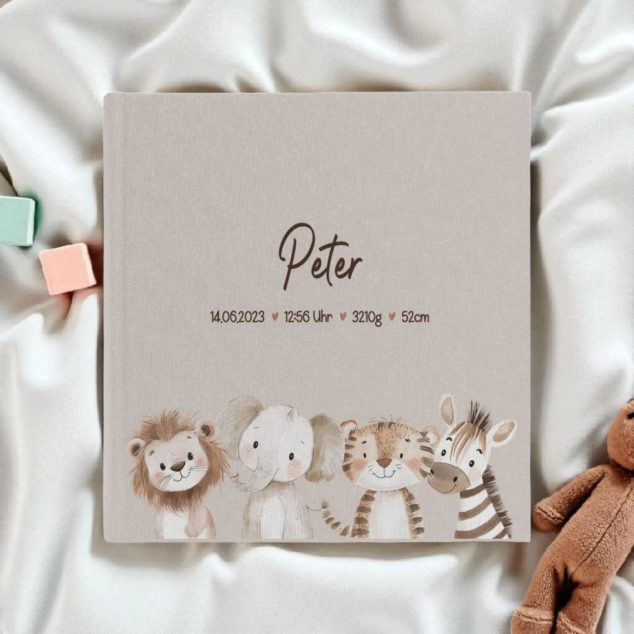 Fotoalbum personalisiert Baby, Kind "Safari Tiere" Leinen