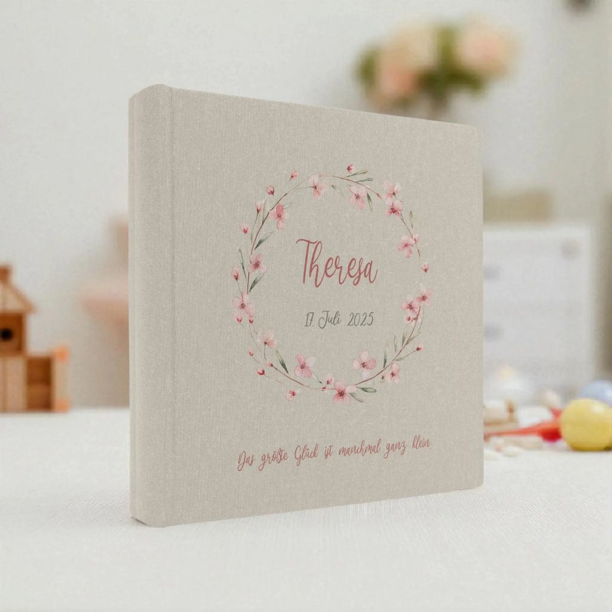Fotoalbum personalisiert Baby, Kind "Blumenkranz" Leinen