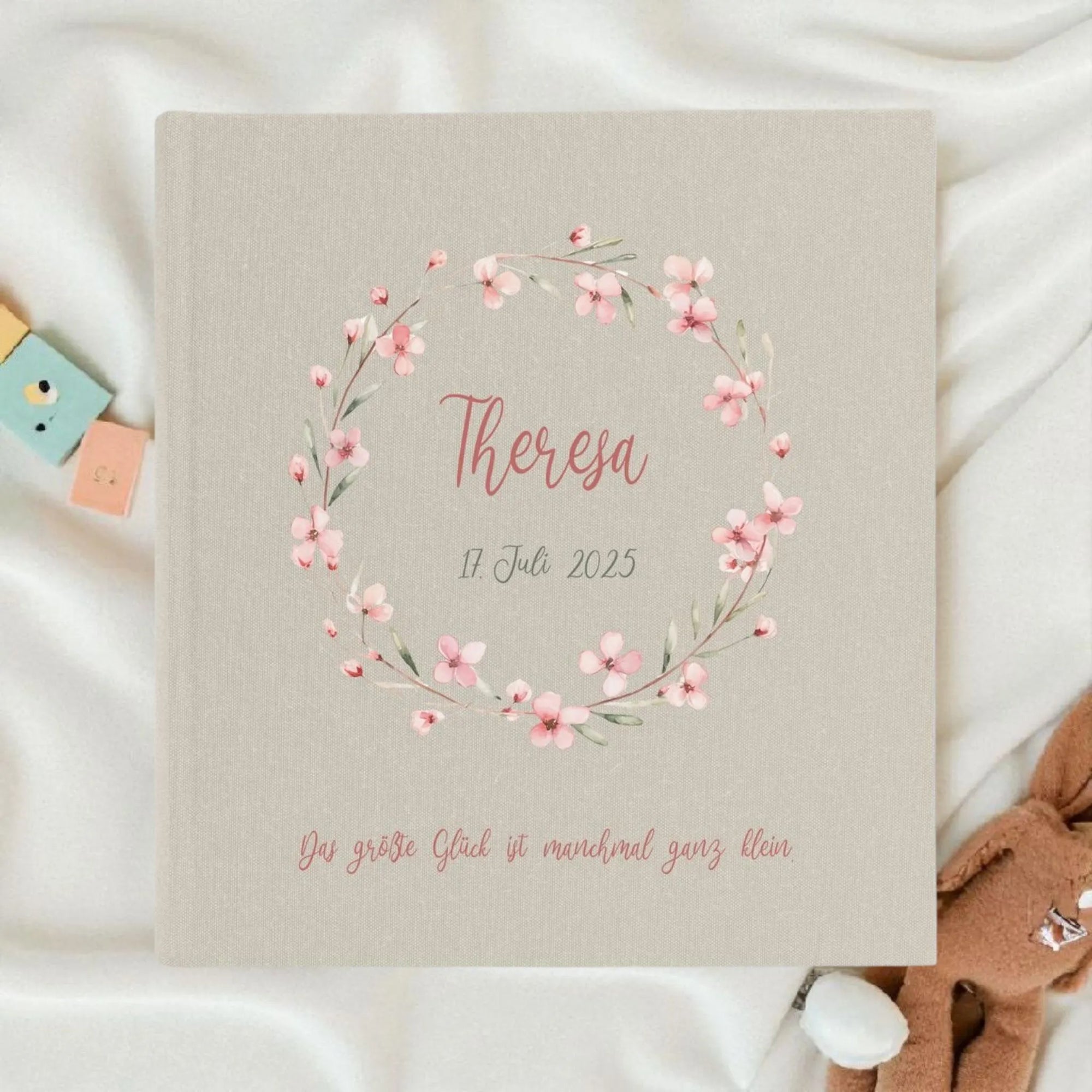 Fotoalbum personalisiert Baby, Kind "Blumenkranz" Leinen