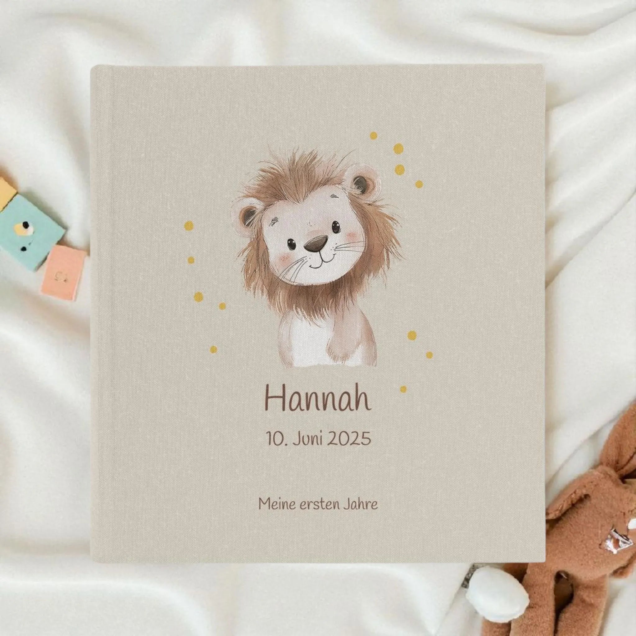 Fotoalbum personalisiert Baby, Kind "Löwe" Leinen